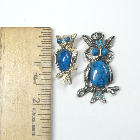 Owl Pendant & Brooch Vintage Turquoise Stone Jelly Belly 1970s Retro - Picture 5 of 5